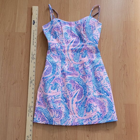 Lilly Pulitzer Coastal Blue Pink Mini Dress Spaghetti Straps Open Tie Back - 00 - Picture 9 of 16